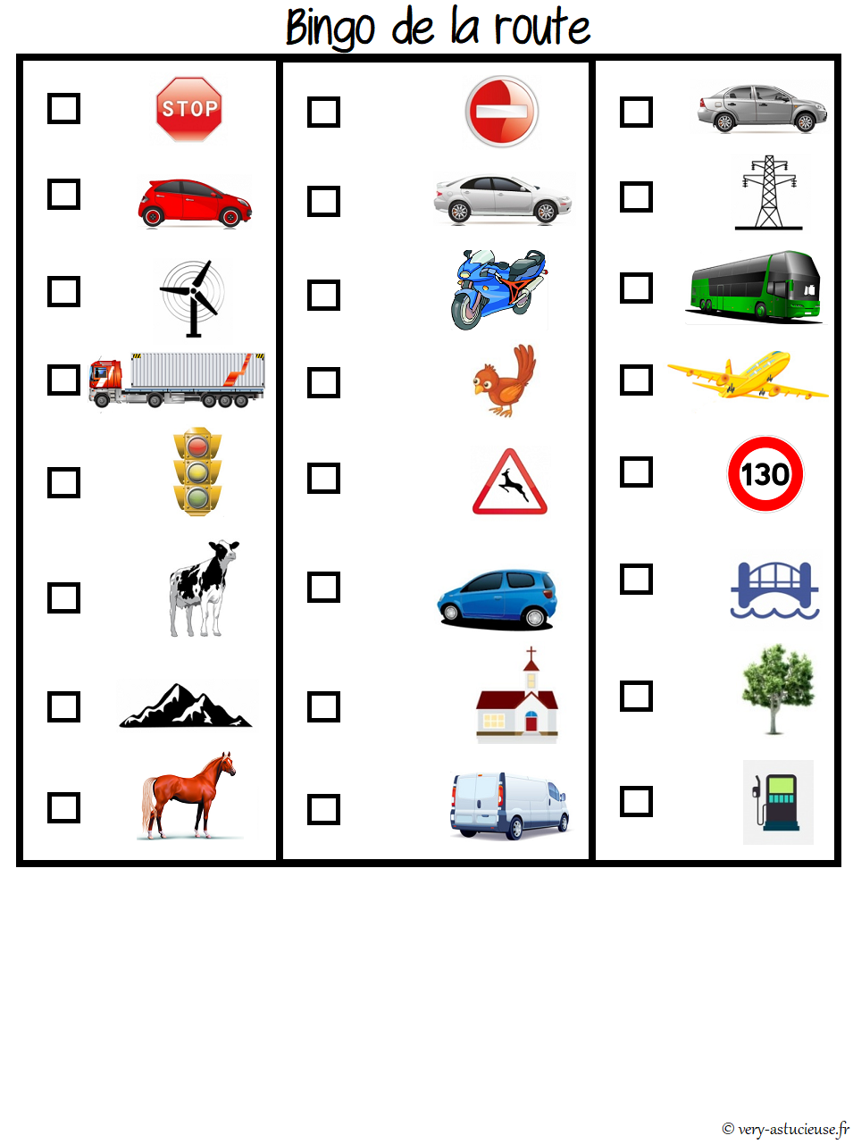 bingo de la route imprimer